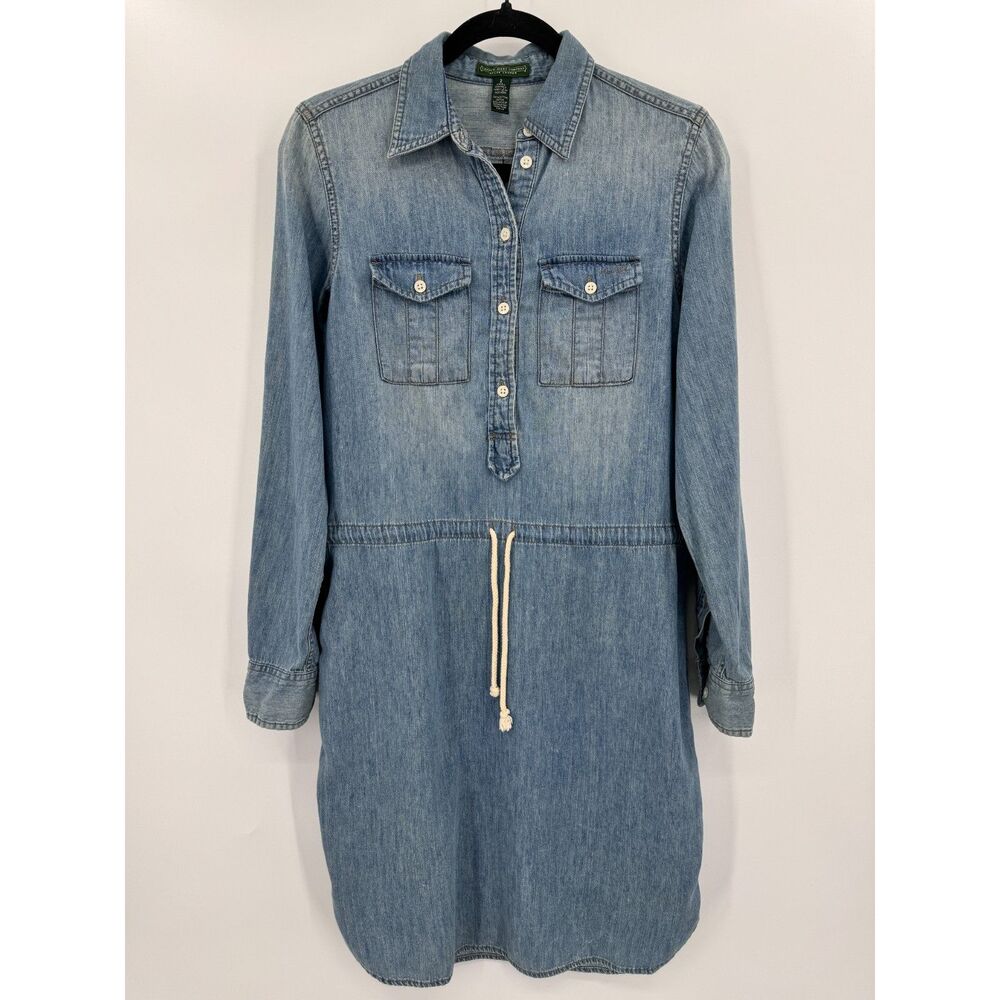 RALPH LAUREN Vintage Chambray Waist Tie Roll Tab Long Sleeve Shirt Dress Size 2